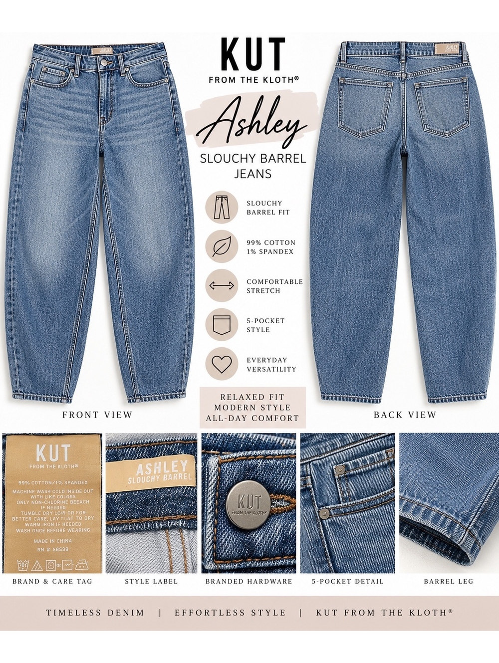 KUT From The Kloth Ashley Slouchy Barrel Jeans Medium Blue Denim Size 8